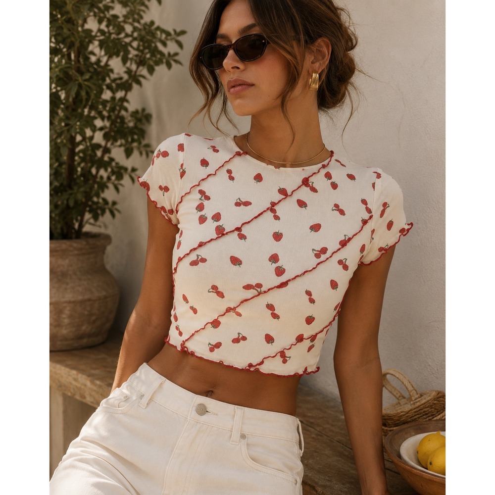 Bailey Rose Crop Top Womens XS White Strawberry Print Lettuce Trim Coquette Mesh